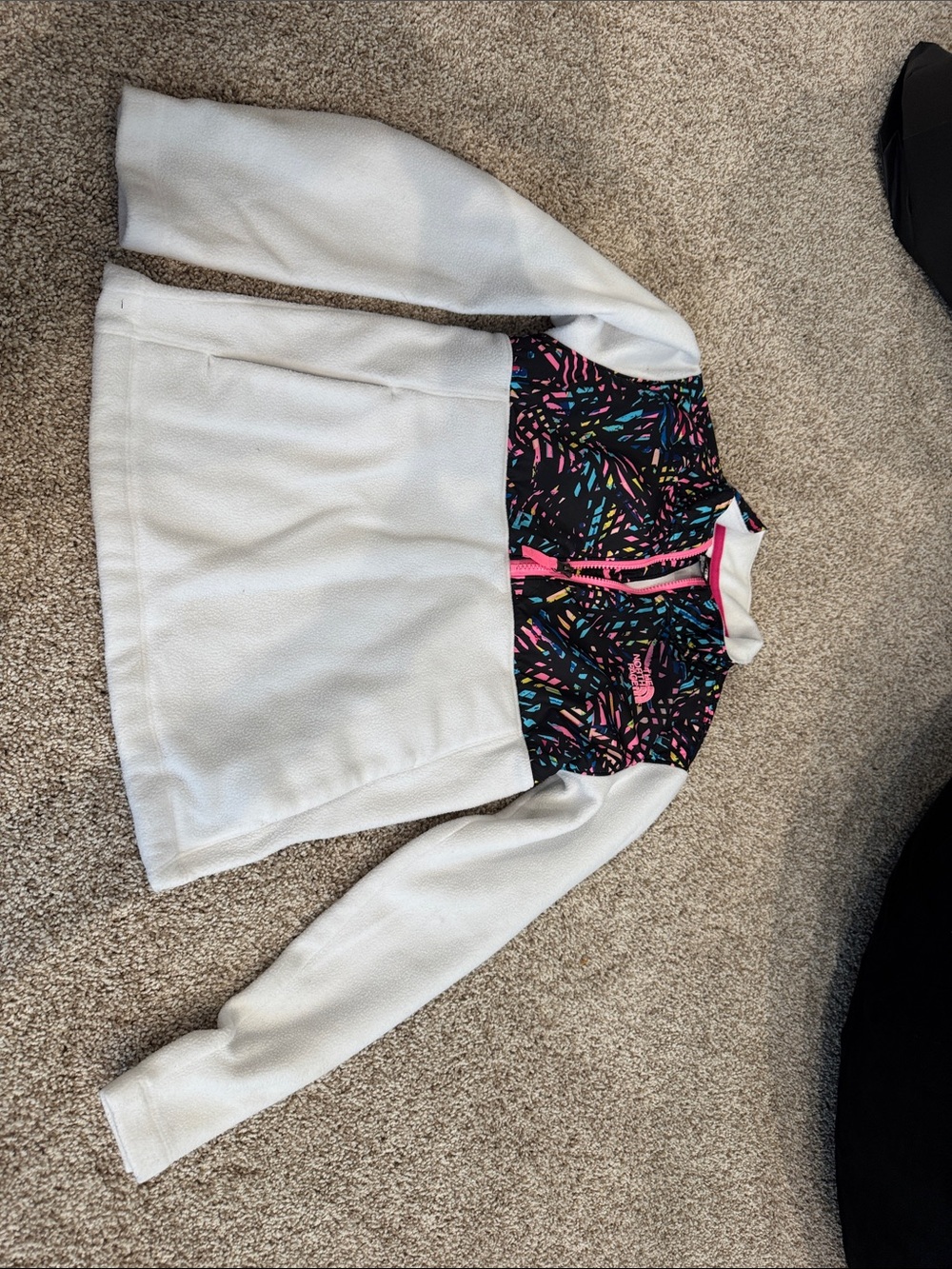 The North Face White Fleece Pullover with Black Multi-Color Chest Panel